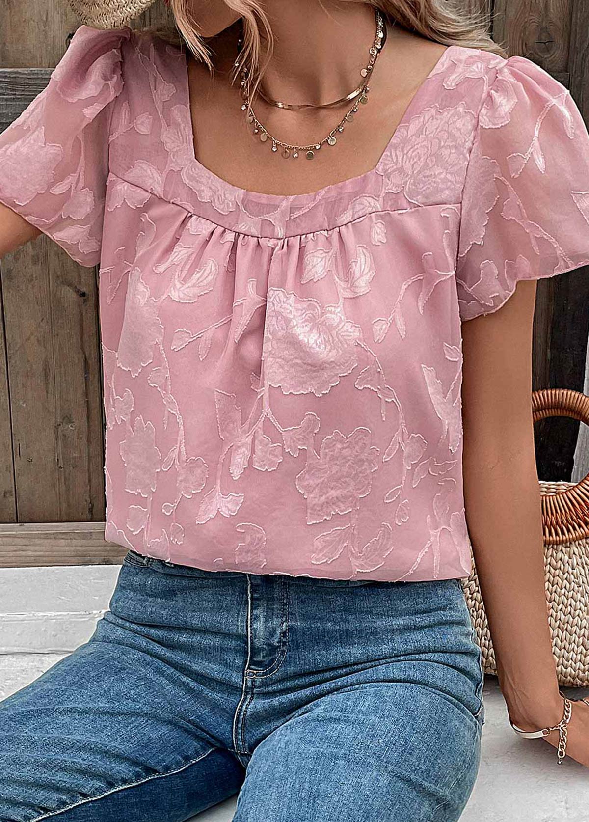 Pink tops,Plain Color tops,Ruched Pink Square Neck Short Sleeve Blouse