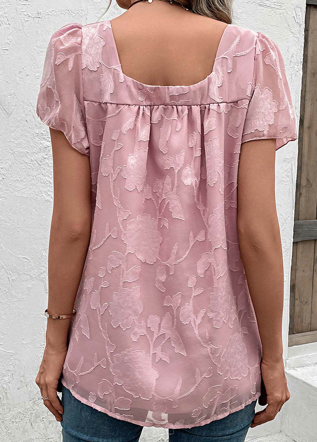 Pink tops,Plain Color tops,Ruched Pink Square Neck Short Sleeve Blouse