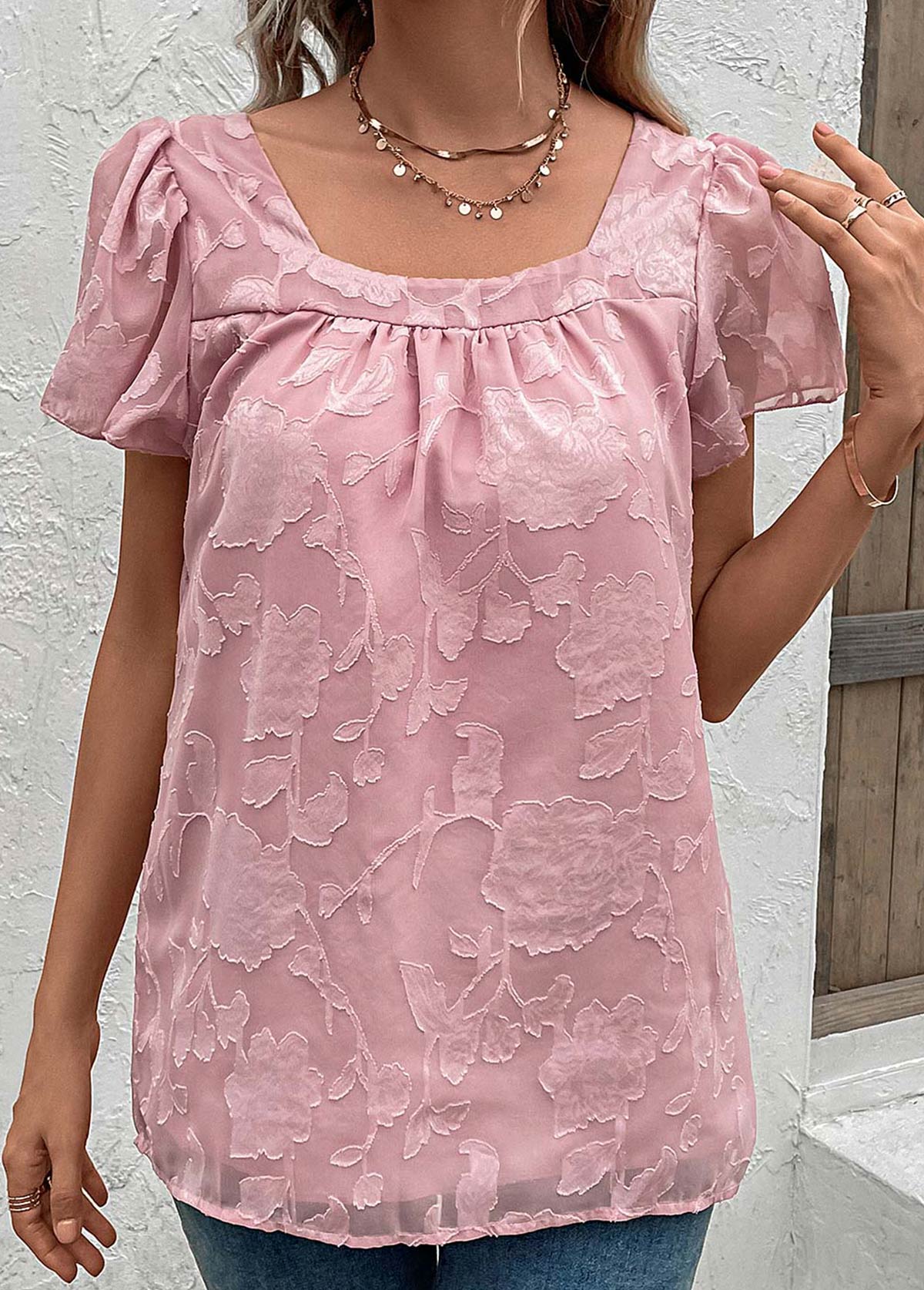 Pink tops,Plain Color tops,Ruched Pink Square Neck Short Sleeve Blouse