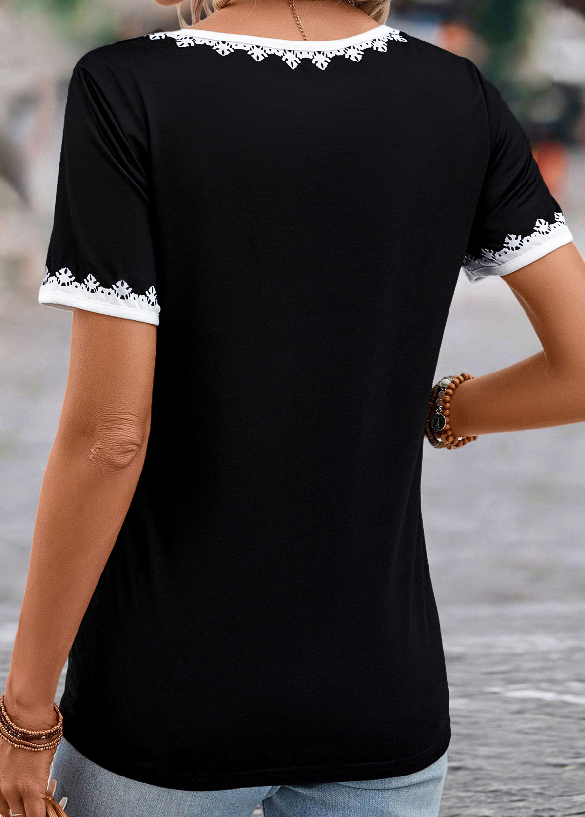 Black tops,Tribal tops,Floral tops,Patchwork Tribal Print Black V Neck T Shirt