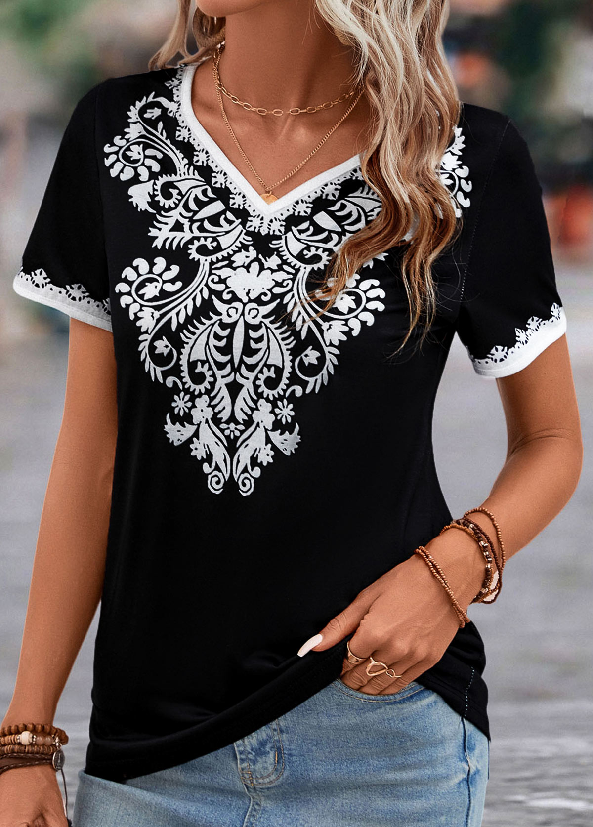 Black tops,Tribal tops,Floral tops,Patchwork Tribal Print Black V Neck T Shirt