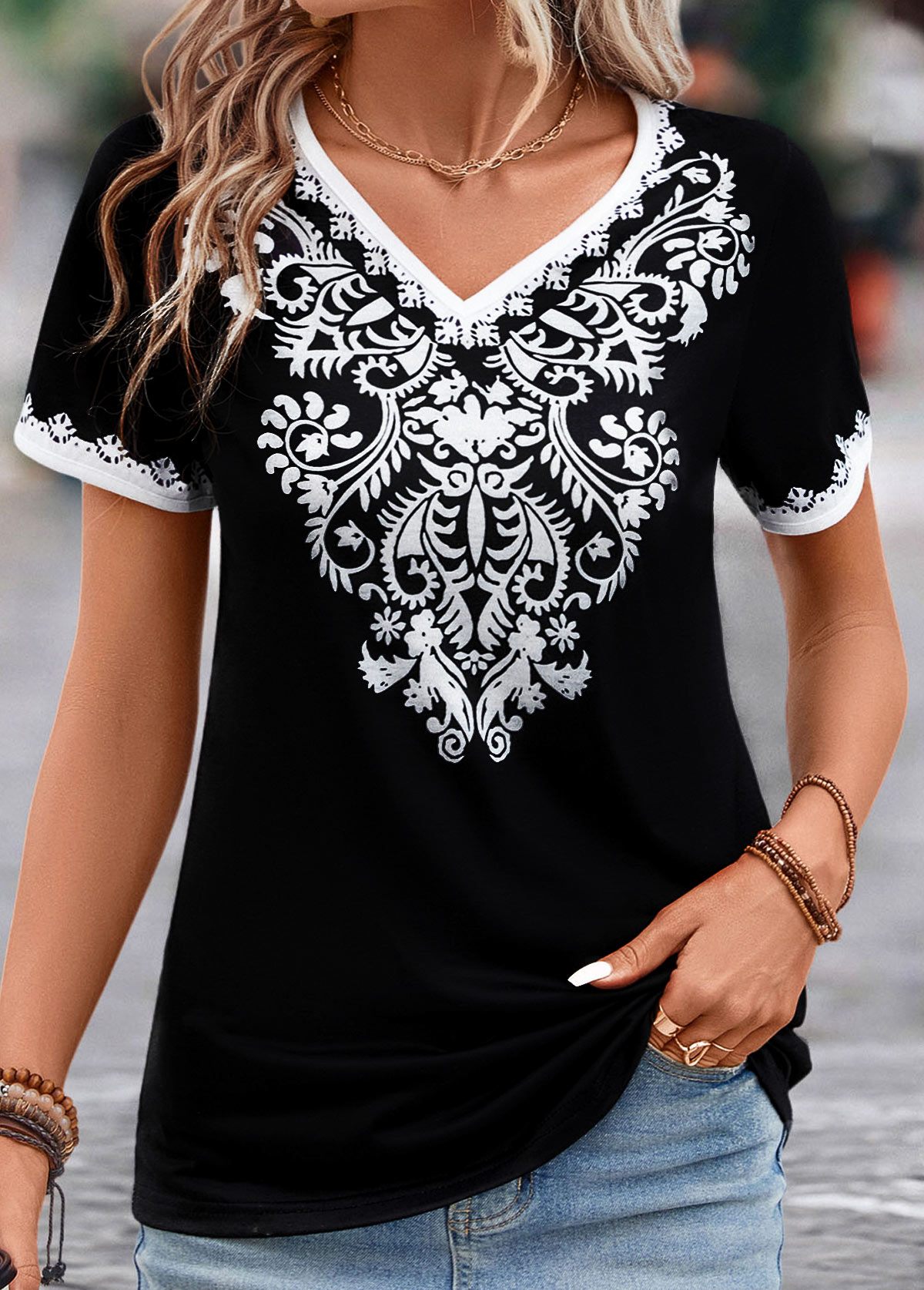 Black tops,Tribal tops,Floral tops,Patchwork Tribal Print Black V Neck T Shirt