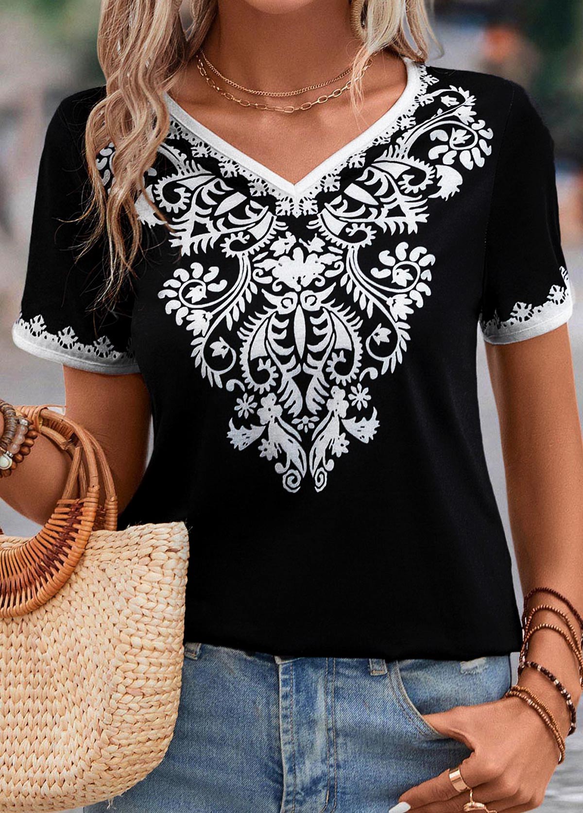 Black tops,Tribal tops,Floral tops,Patchwork Tribal Print Black V Neck T Shirt