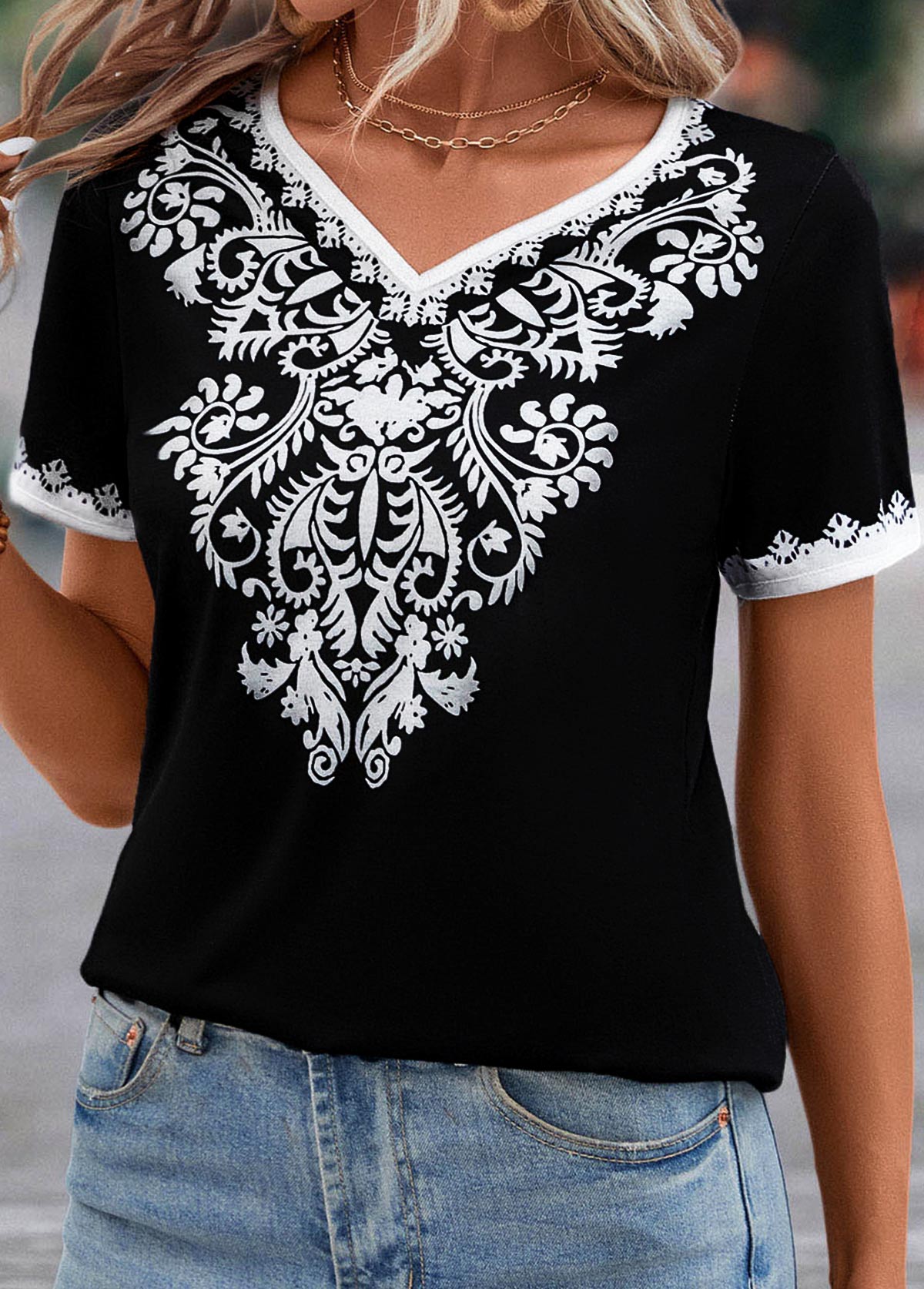 Black tops,Tribal tops,Floral tops,Patchwork Tribal Print Black V Neck T Shirt