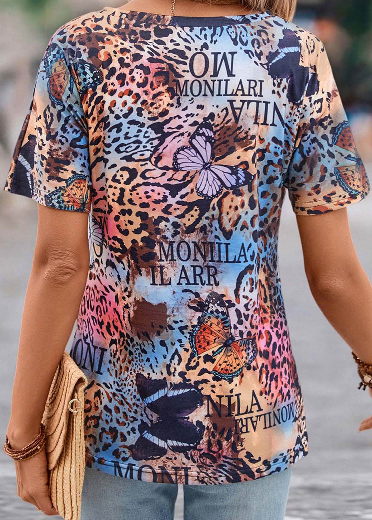 Multi Color tops,Animal Print tops,Letter tops,Butterfly Print Multi Color V Neck T Shirt