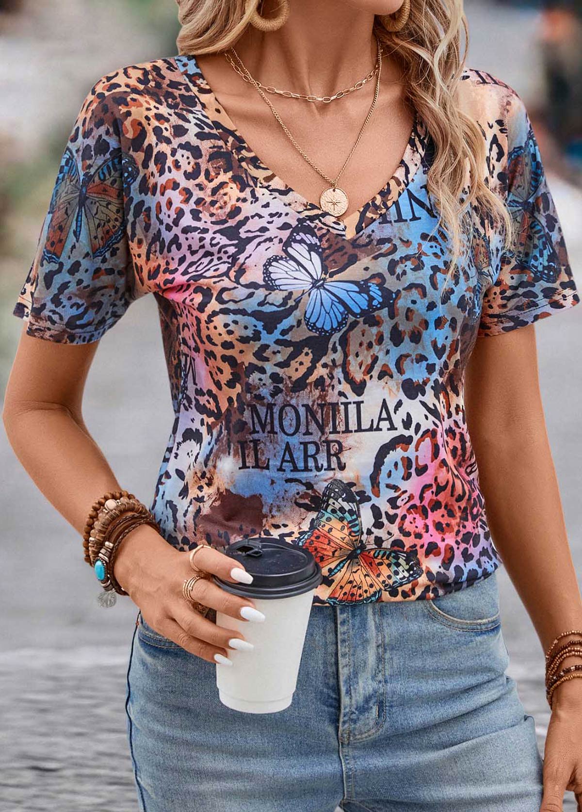 Multi Color tops,Animal Print tops,Letter tops,Butterfly Print Multi Color V Neck T Shirt