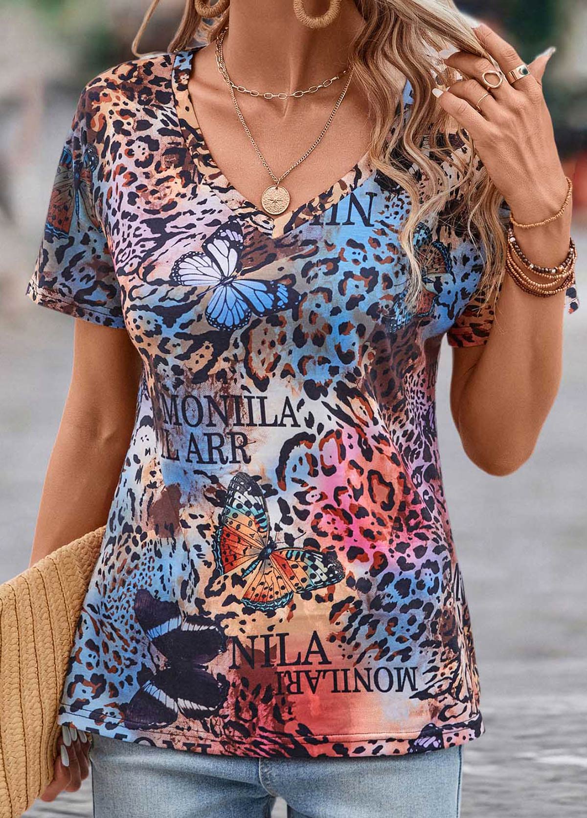 Multi Color tops,Animal Print tops,Letter tops,Butterfly Print Multi Color V Neck T Shirt