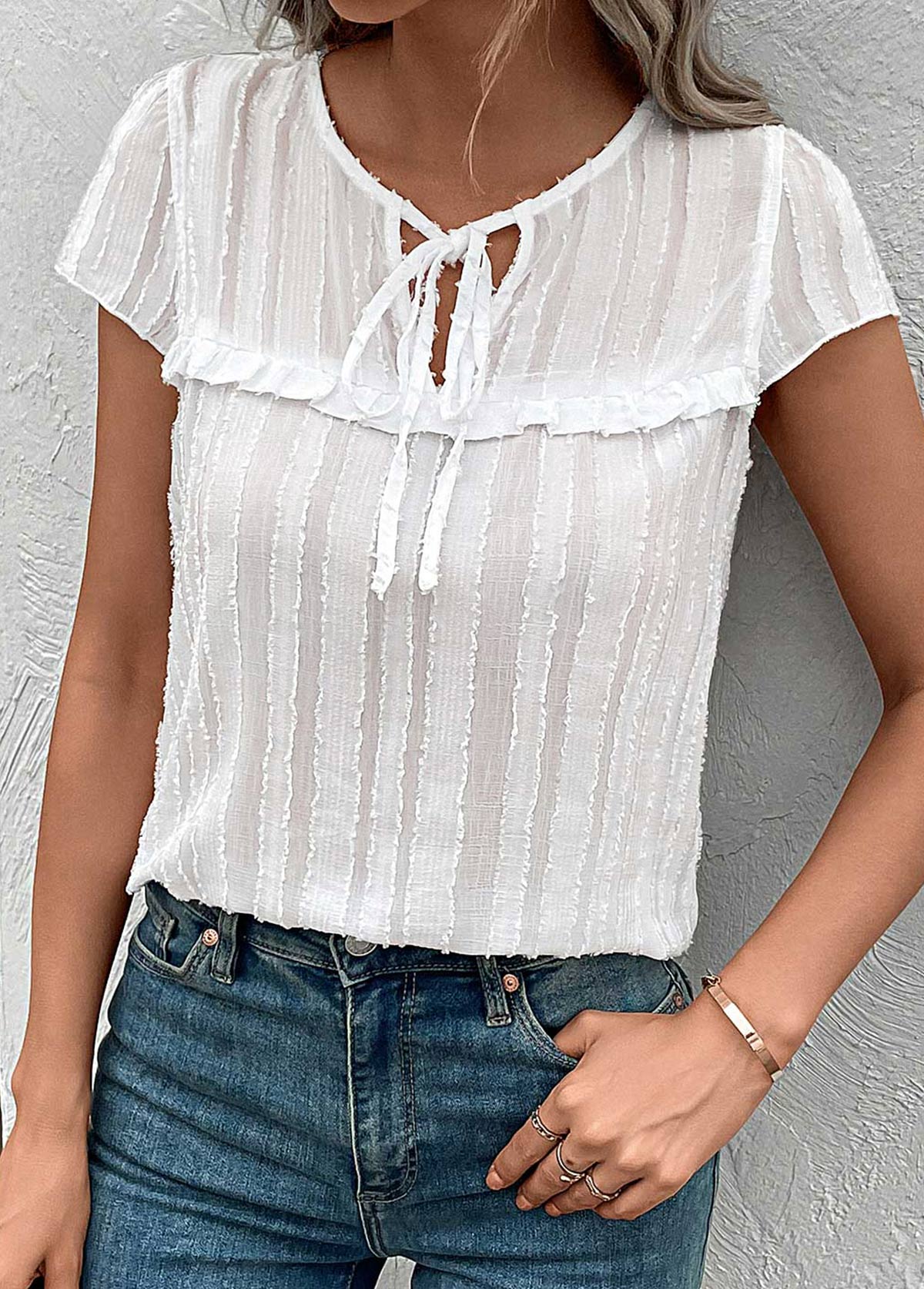 White tops,Plain Color tops,Tie White Round Neck Short Sleeve Blouse