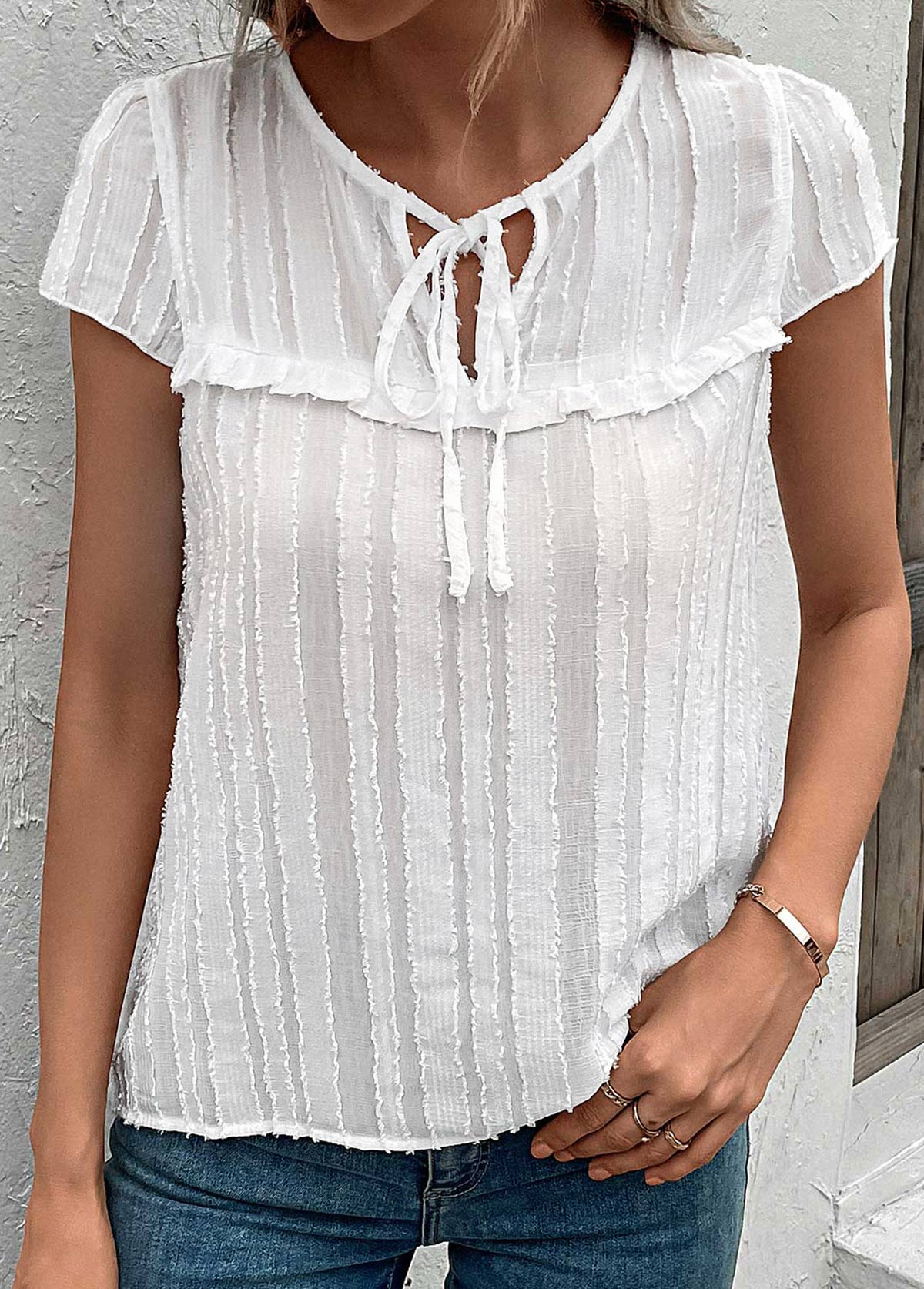 White tops,Plain Color tops,Tie White Round Neck Short Sleeve Blouse