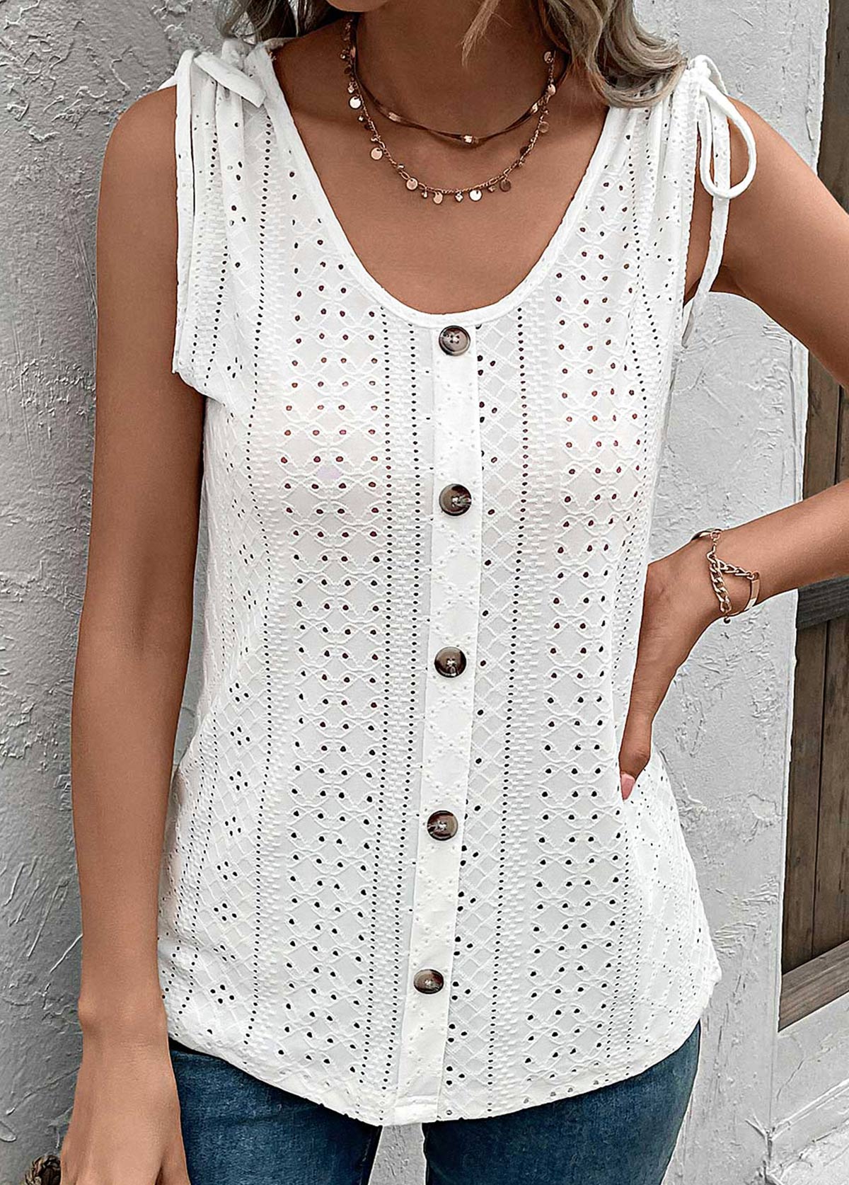White tops,Plain Color tops,Button White Scoop Neck Tank Top