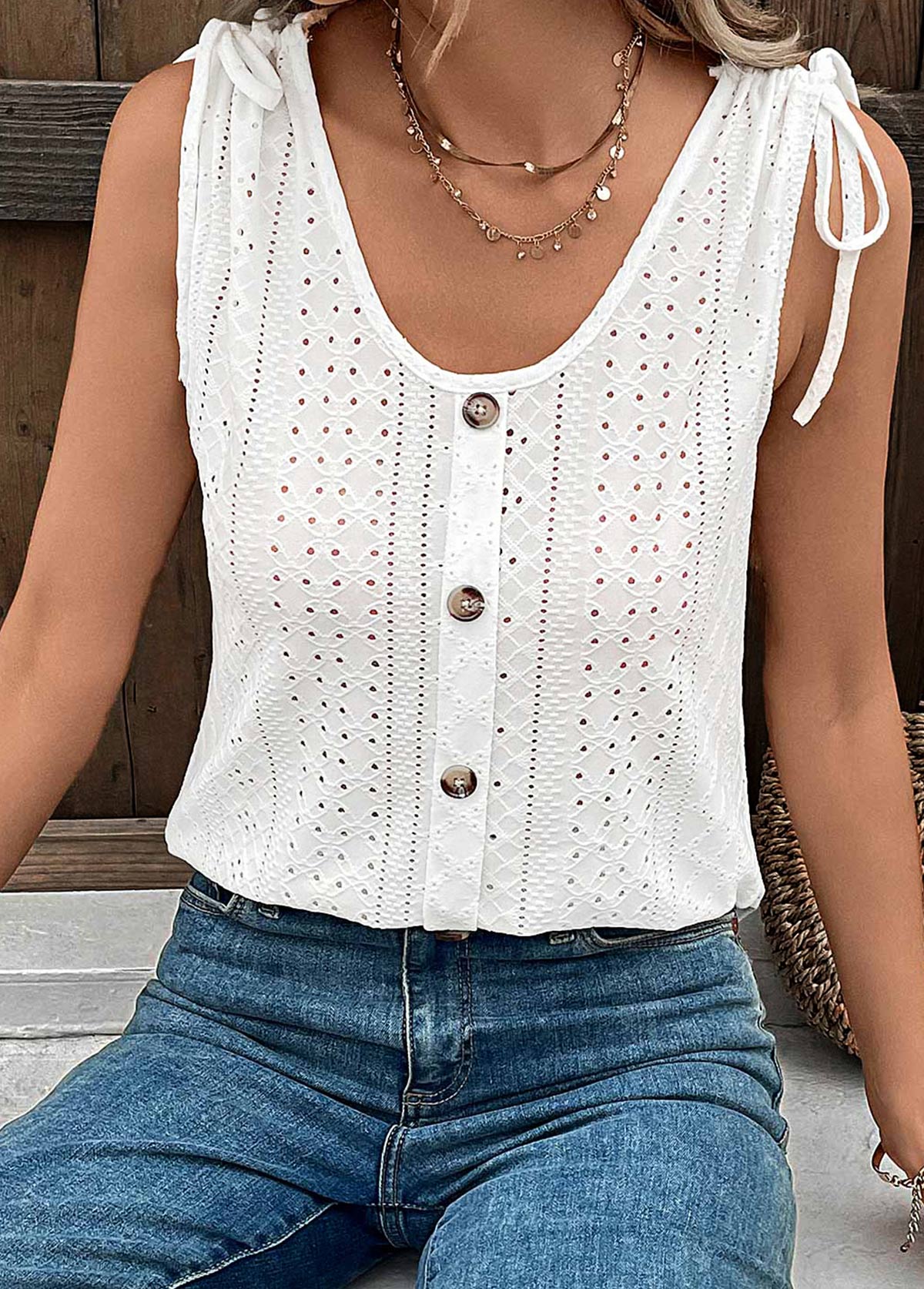 White tops,Plain Color tops,Button White Scoop Neck Tank Top