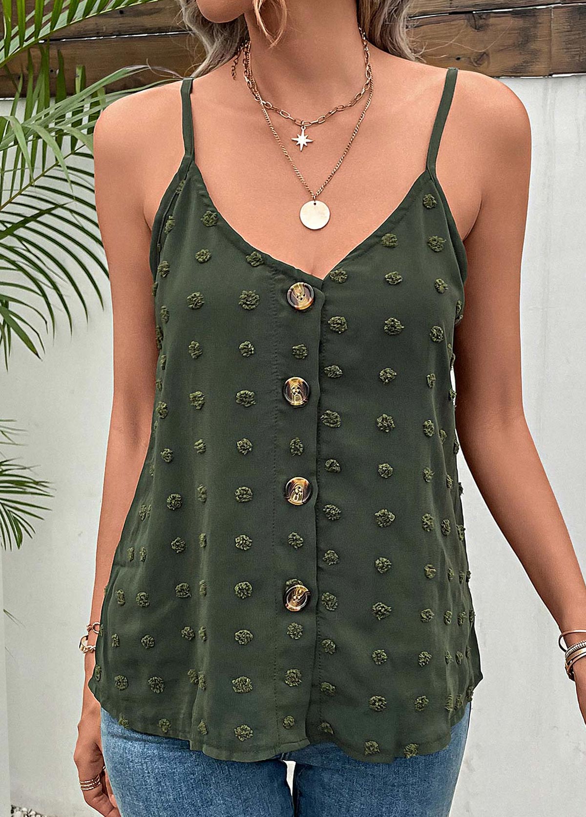 Green tops,Plain Color tops,Button Green V Neck Strappy Camisole Top