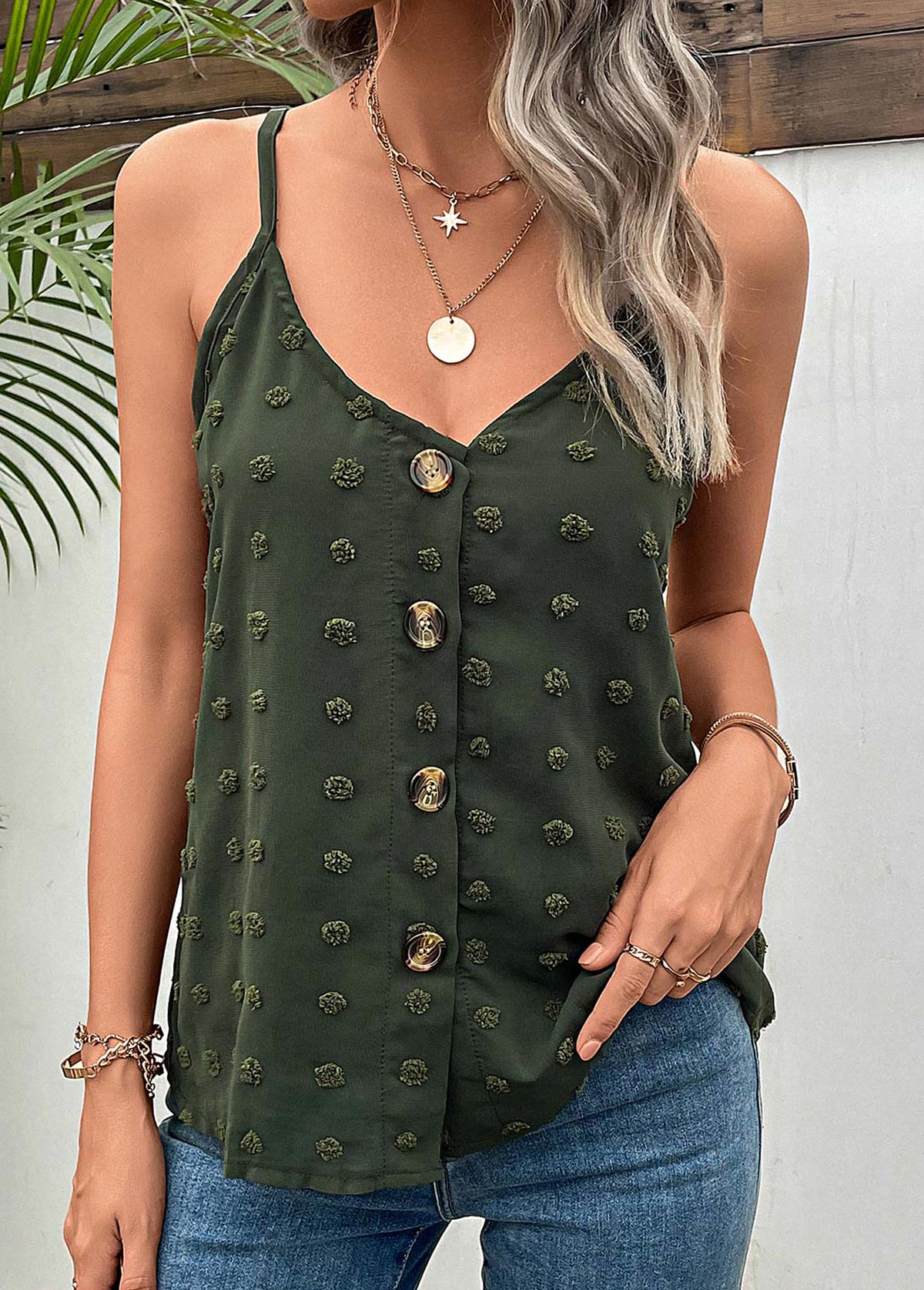 Green tops,Plain Color tops,Button Green V Neck Strappy Camisole Top