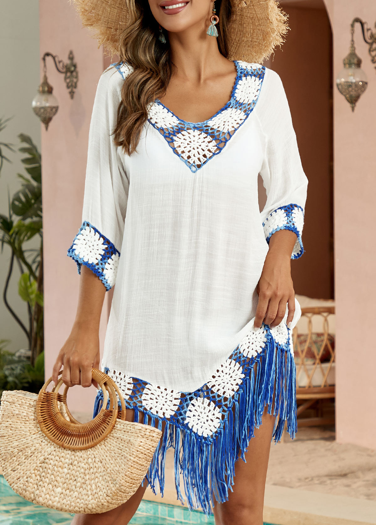 Weave Tassel Patchwork White Cover Up