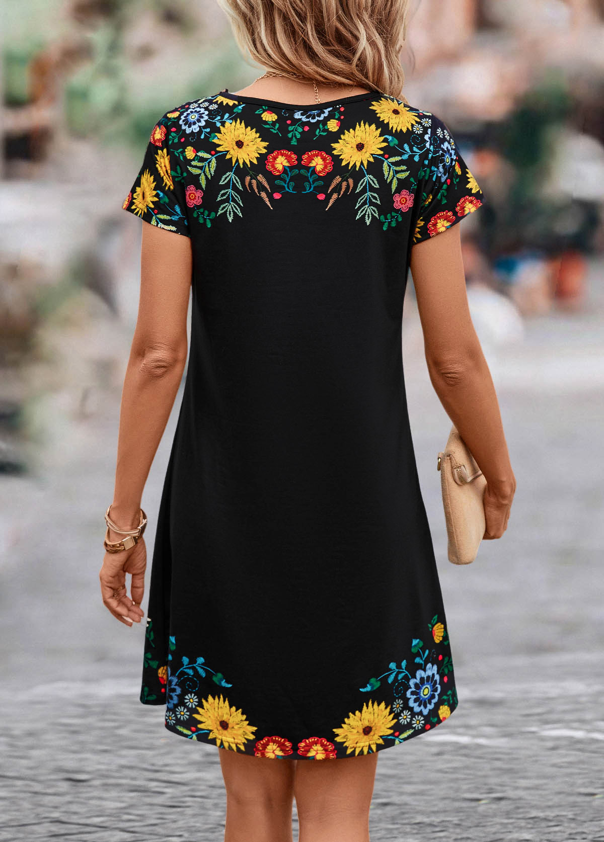 Black dresses,Floral dresses,Plants dresses,Patchwork Floral Print Black Short Shift Dress