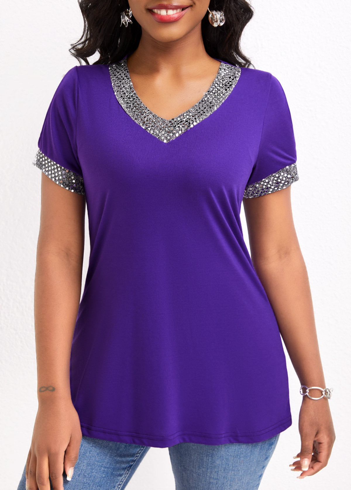 Purple tops,Plain Color tops,Sequin Purple V Neck Short Sleeve T Shirt
