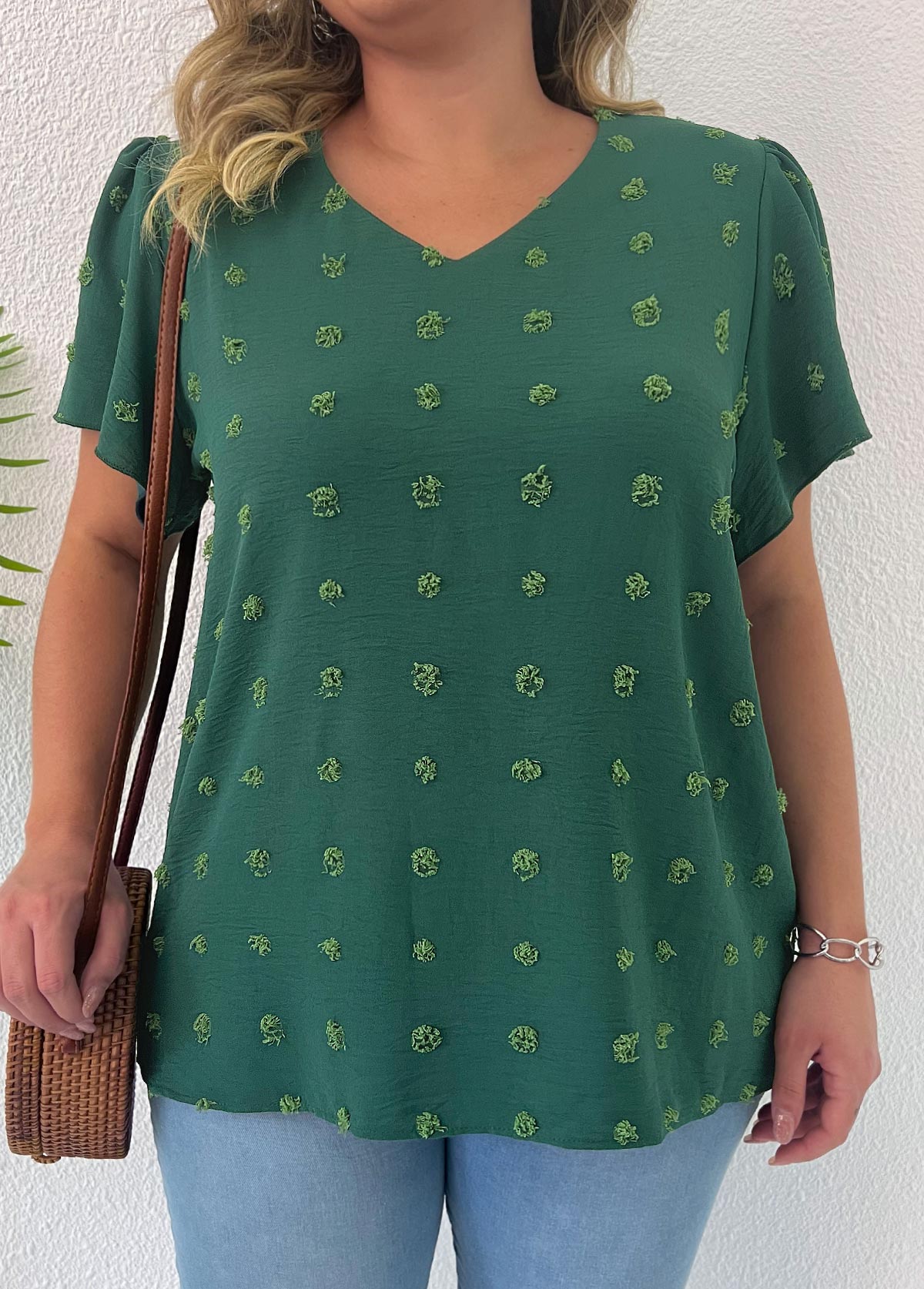 Plus Size Lightweight Green V Neck Blouse