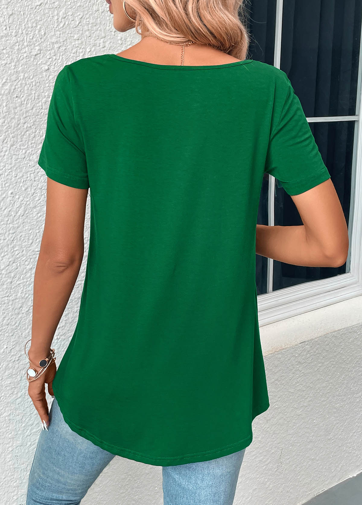 Green tops,Plain Color tops,Patchwork Green Boat Neck Short Sleeve T Shirt