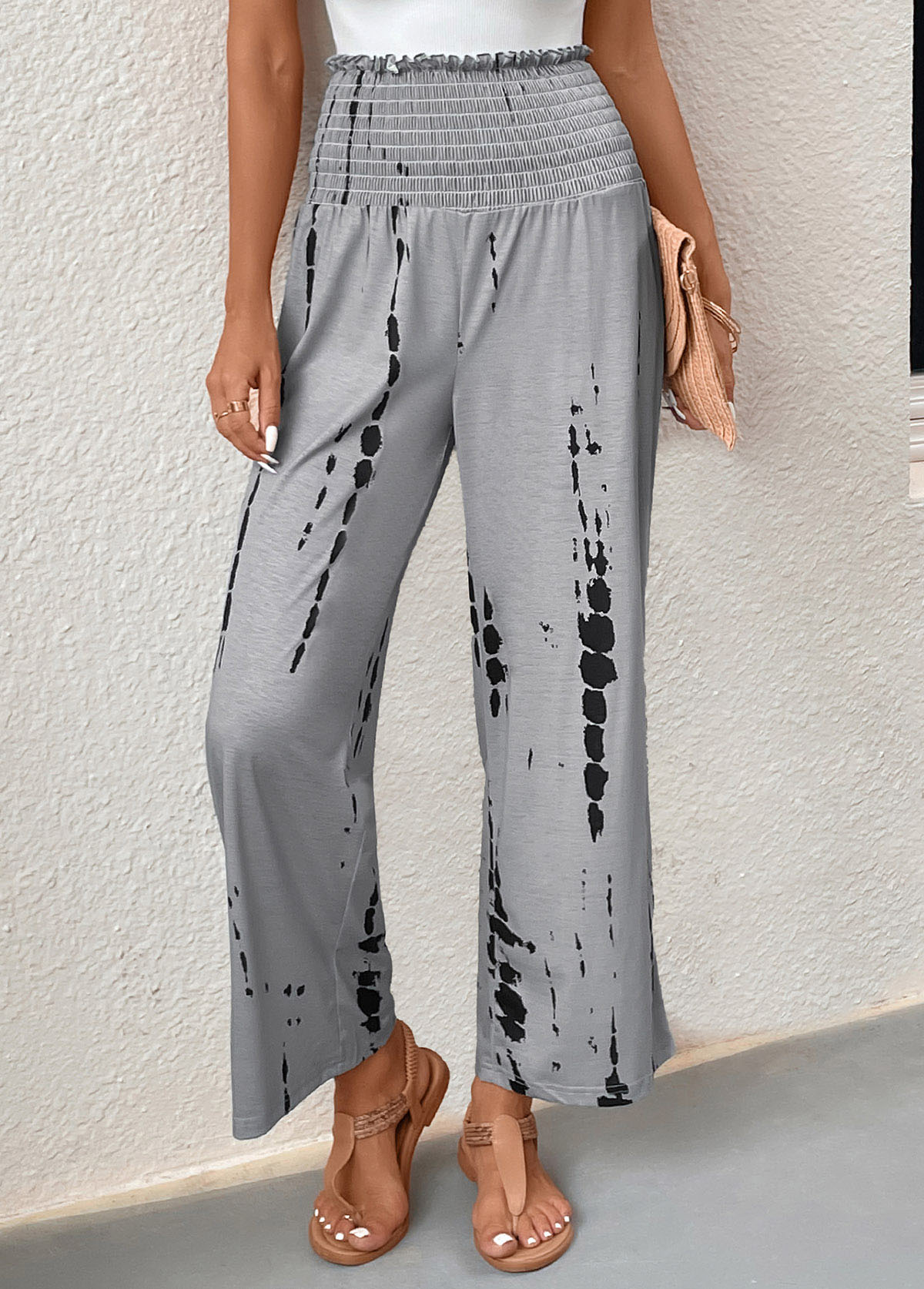 Grey bottoms,Graphic bottoms,Geometric bottoms,Striped bottoms,Smocked Graffiti Print Grey Elastic Waist Pants