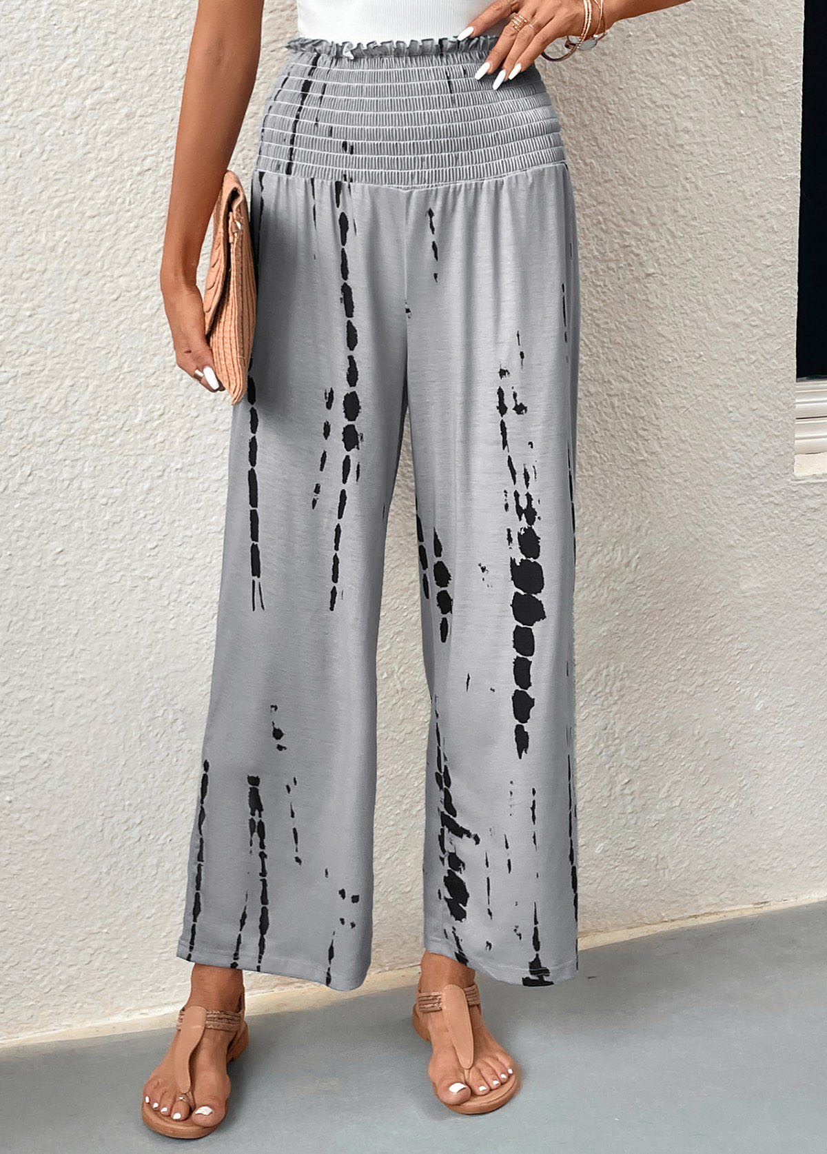 Grey bottoms,Graphic bottoms,Geometric bottoms,Striped bottoms,Smocked Graffiti Print Grey Elastic Waist Pants