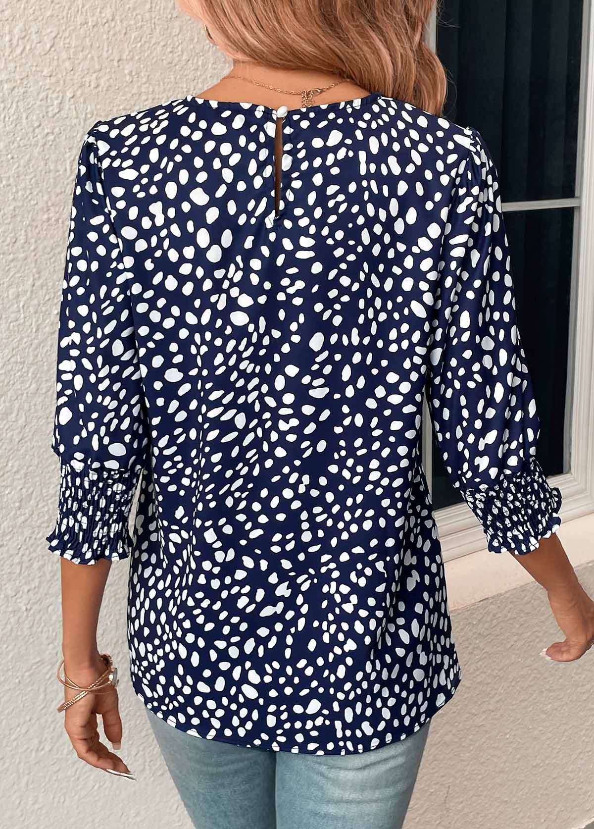 Navy tops,White tops,Dot tops,Button Polka Dot Navy Round Neck Blouse