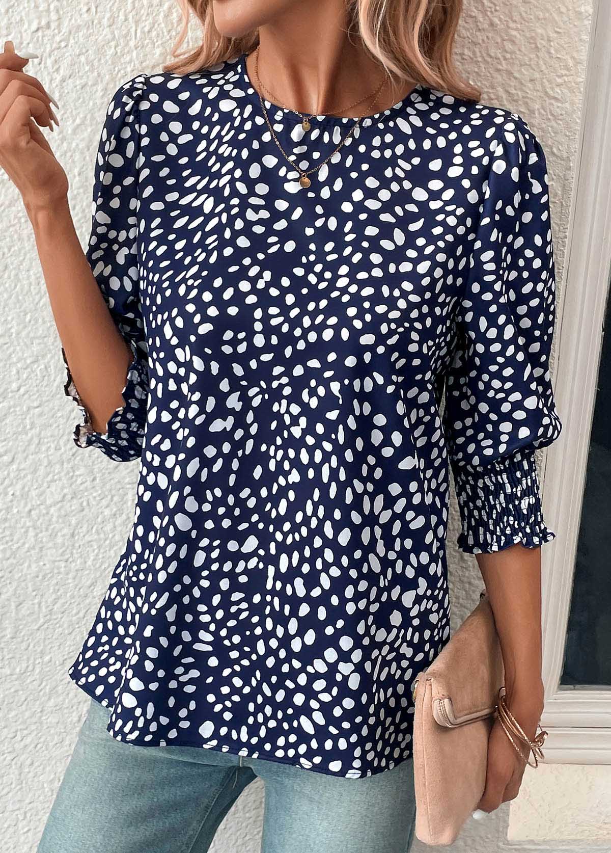 Navy tops,White tops,Dot tops,Button Polka Dot Navy Round Neck Blouse