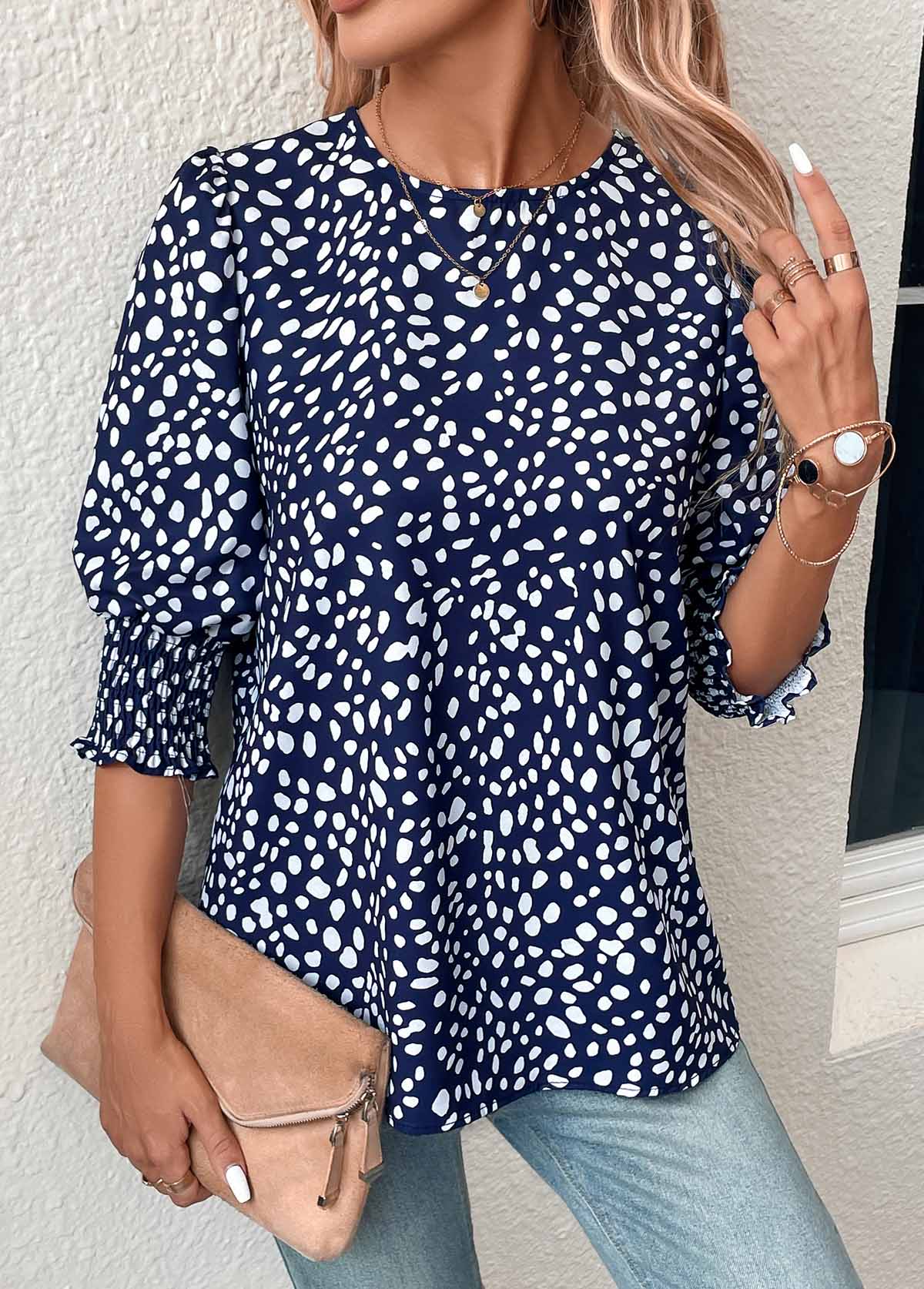 Navy tops,White tops,Dot tops,Button Polka Dot Navy Round Neck Blouse
