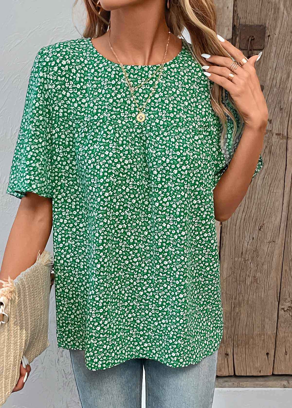 Green tops,Ditsy Floral tops,Plants tops,Button Ditsy Floral Print Green Round Neck Blouse