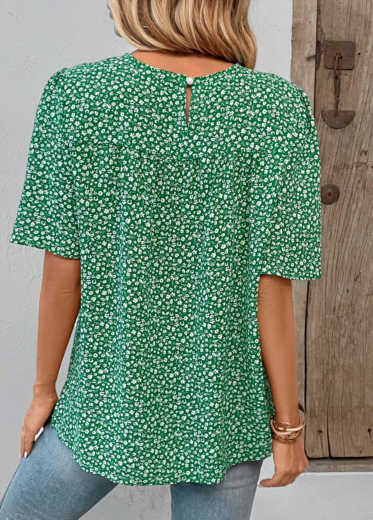 Green tops,Ditsy Floral tops,Plants tops,Button Ditsy Floral Print Green Round Neck Blouse