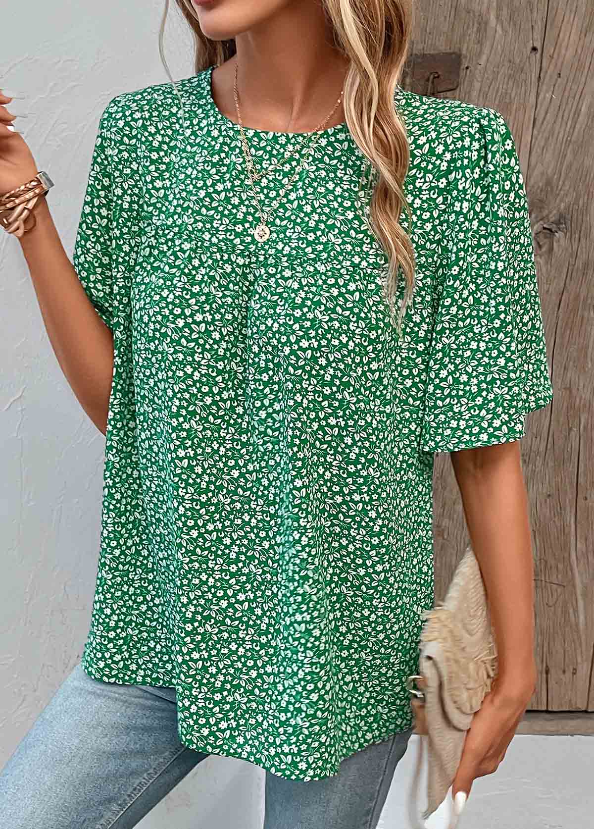 Green tops,Ditsy Floral tops,Plants tops,Button Ditsy Floral Print Green Round Neck Blouse