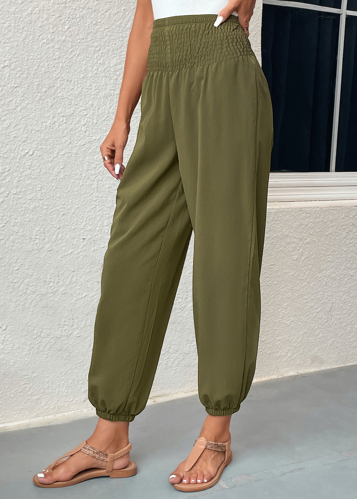 Blackish Green bottoms,Plain Color bottoms,Smocked Blackish Green Regular Elastic Waist Pants
