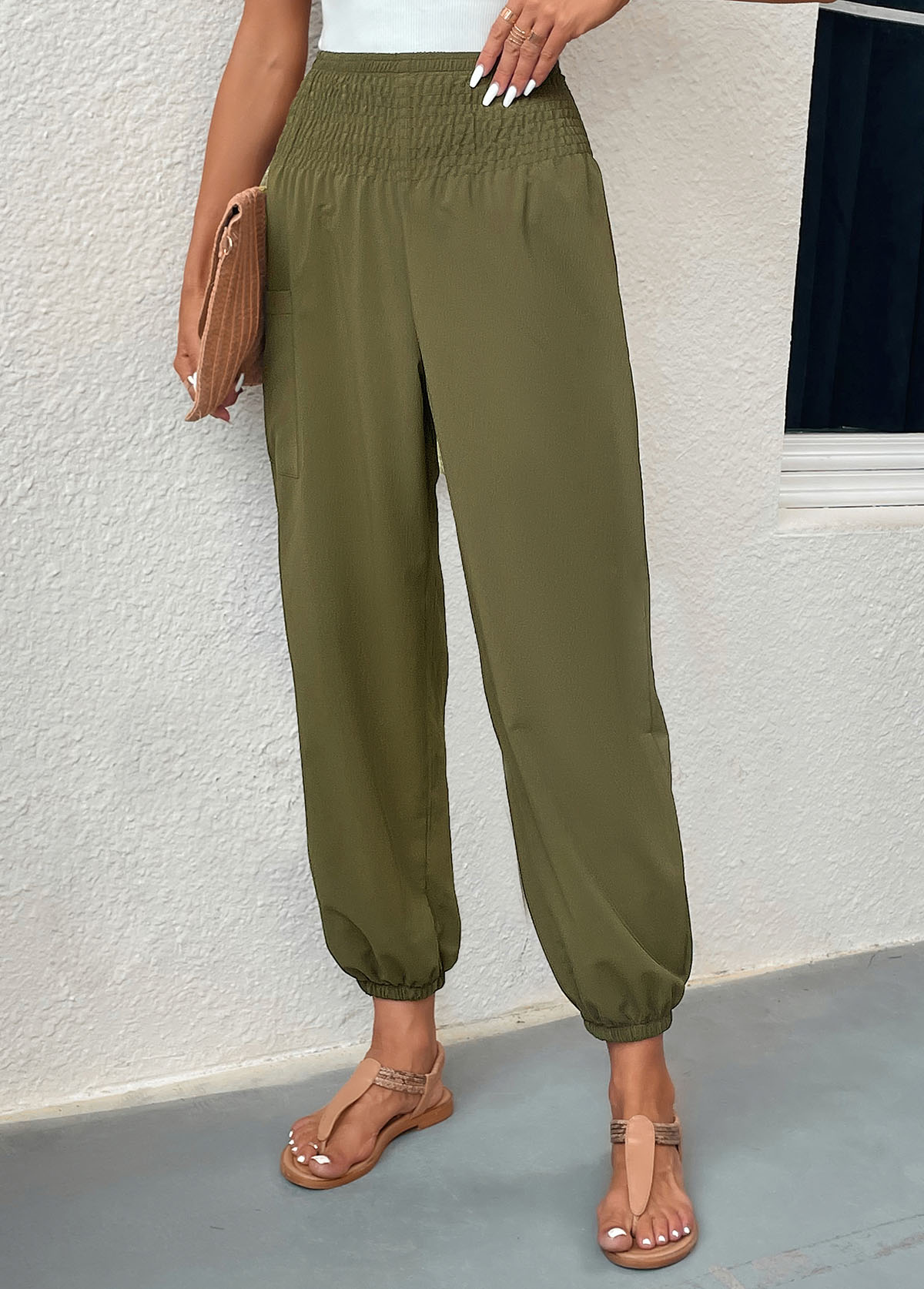 Blackish Green bottoms,Plain Color bottoms,Smocked Blackish Green Regular Elastic Waist Pants