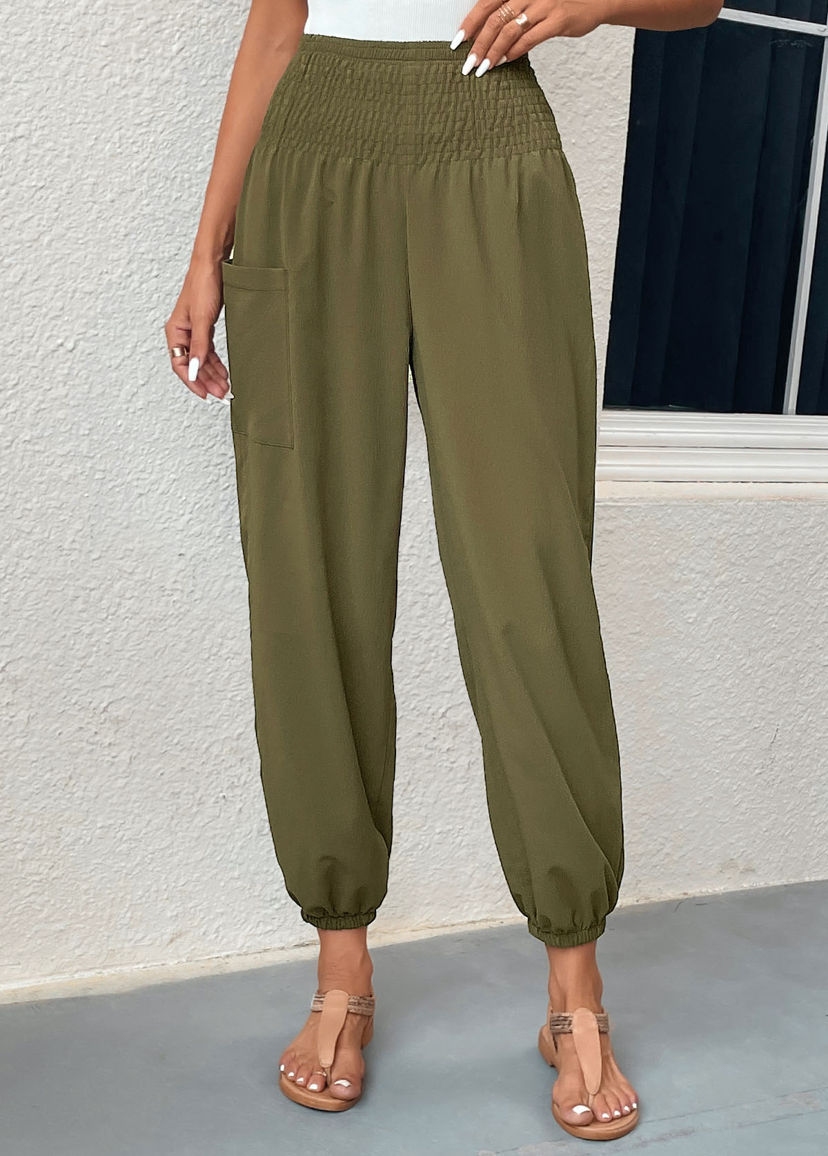 Blackish Green bottoms,Plain Color bottoms,Smocked Blackish Green Regular Elastic Waist Pants