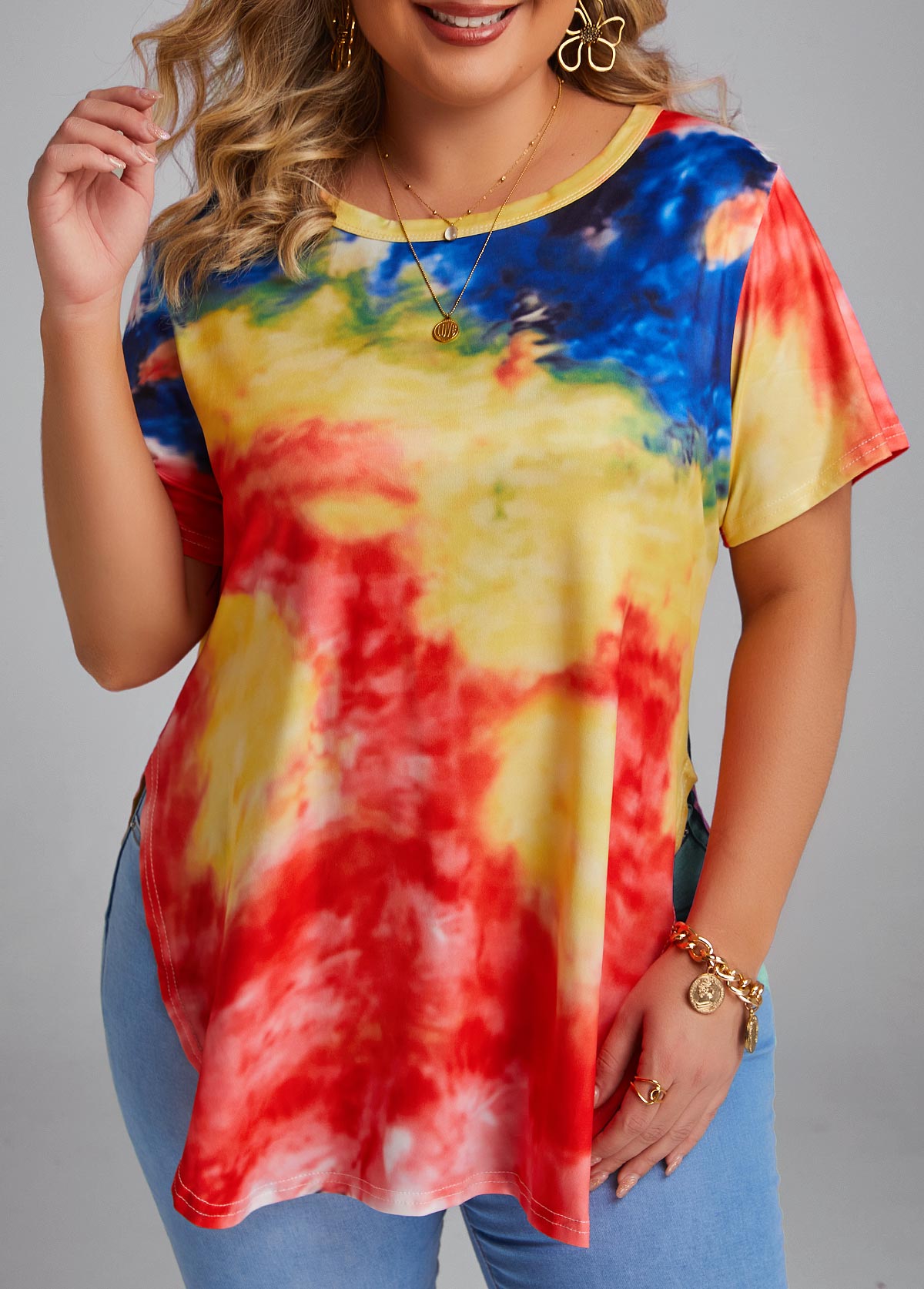 Plus Size Split Multi Color T Shirt