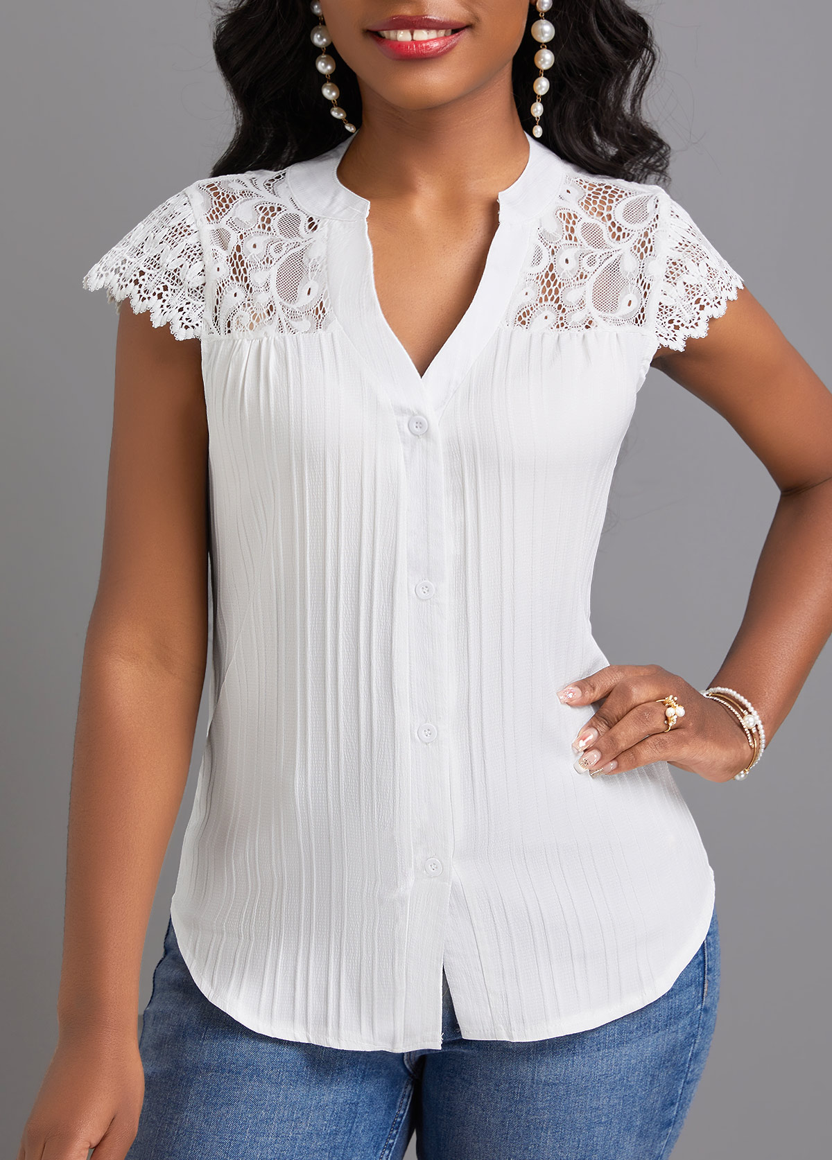 White tops,Plain Color tops,Lace White Split Neck Short Sleeve T Shirt