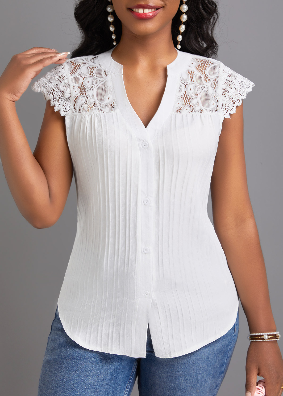 White tops,Plain Color tops,Lace White Split Neck Short Sleeve T Shirt