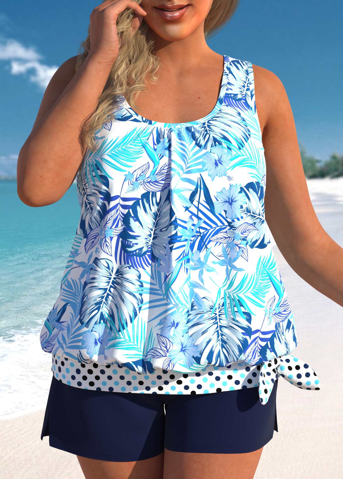 ROTITA Plus Size High Waisted Bowknot Floral Print Tankini Set