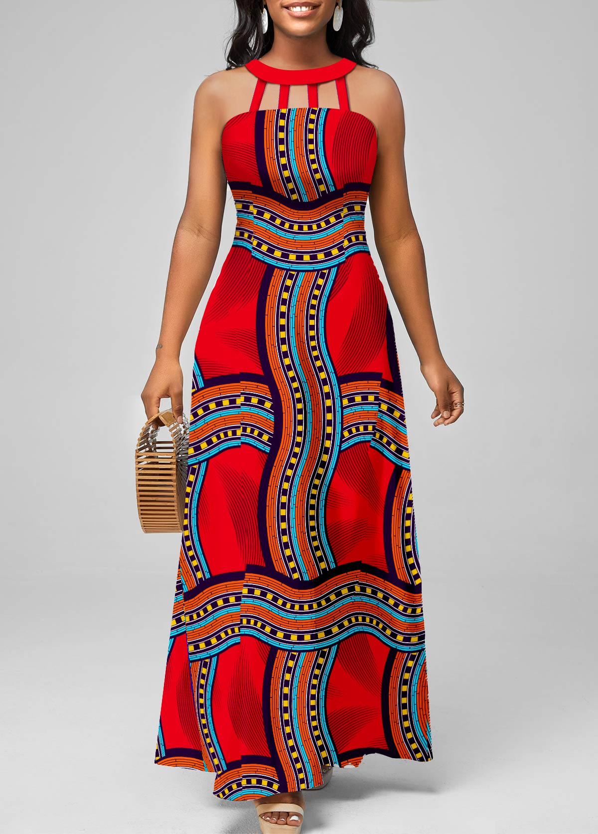 ROTITA Cage Neck Tribal Print Red Sleeveless Maxi Dress