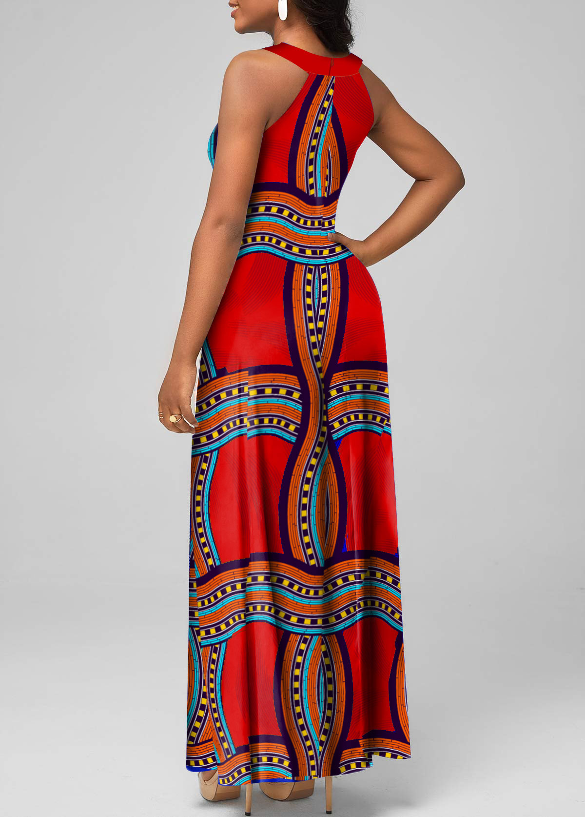 Red dresses,Tribal dresses,Geometric dresses,Striped dresses,ROTITA Cage Neck Tribal Print Red Sleeveless Maxi Dress