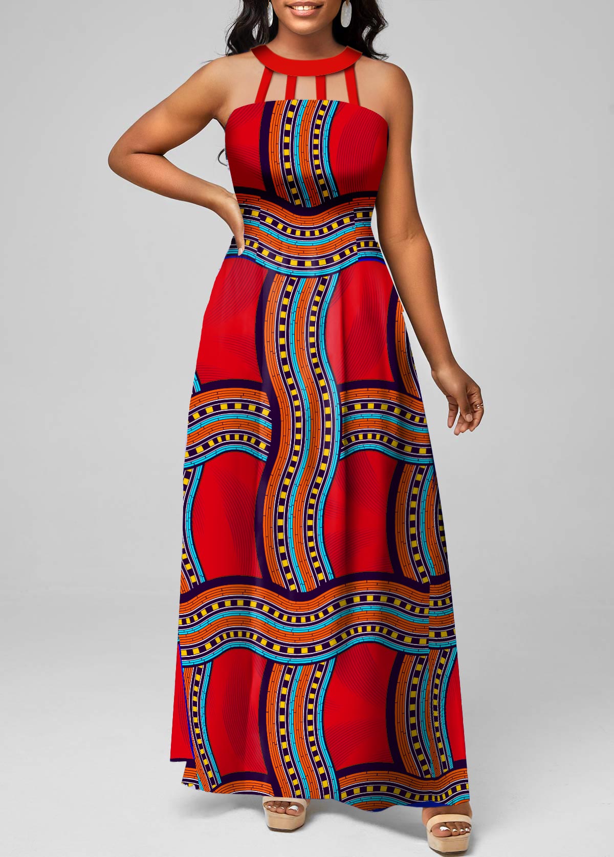 Red dresses,Tribal dresses,Geometric dresses,Striped dresses,ROTITA Cage Neck Tribal Print Red Sleeveless Maxi Dress