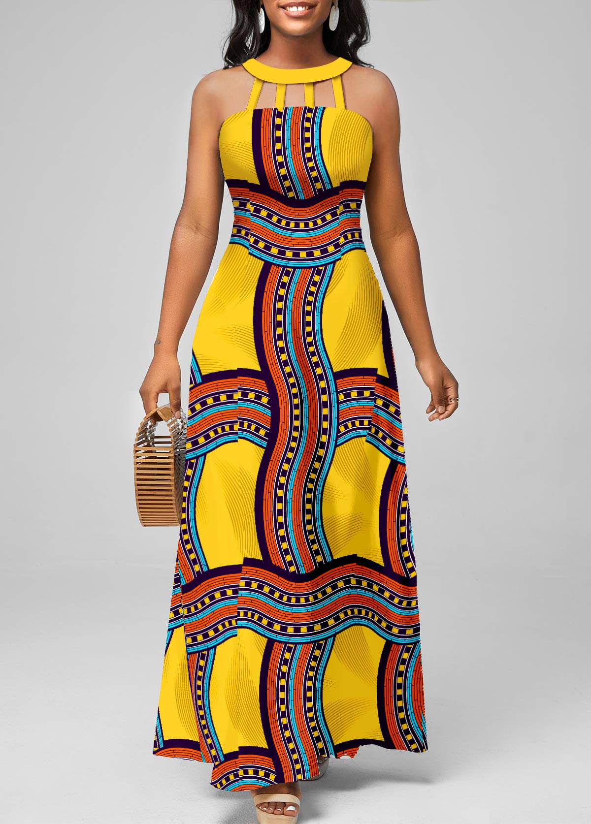 Yellow dresses,Tribal dresses,Geometric dresses,Striped dresses,Vacation dresses,Vacation dresses,ROTITA Cage Neck Tribal Print Yellow Sleeveless Maxi Dress