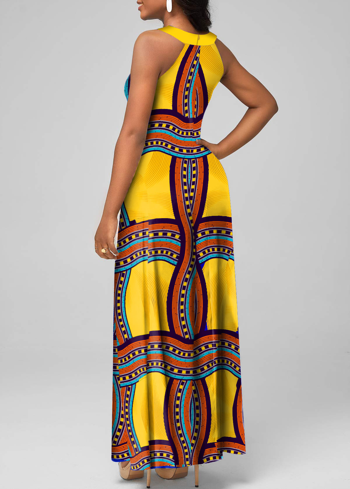 Yellow dresses,Tribal dresses,Geometric dresses,Striped dresses,Vacation dresses,Vacation dresses,ROTITA Cage Neck Tribal Print Yellow Sleeveless Maxi Dress