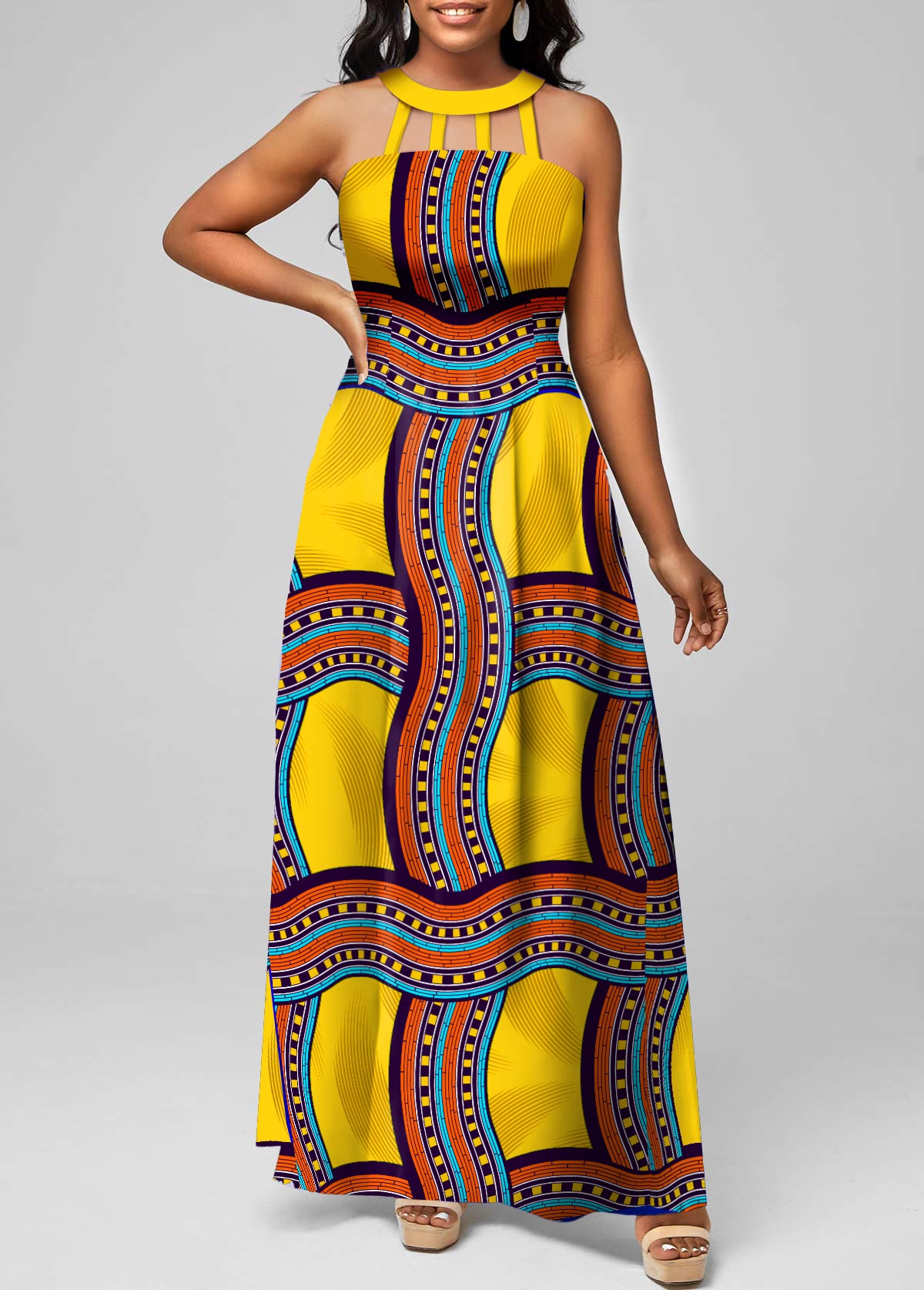 Yellow dresses,Tribal dresses,Geometric dresses,Striped dresses,Vacation dresses,Vacation dresses,ROTITA Cage Neck Tribal Print Yellow Sleeveless Maxi Dress