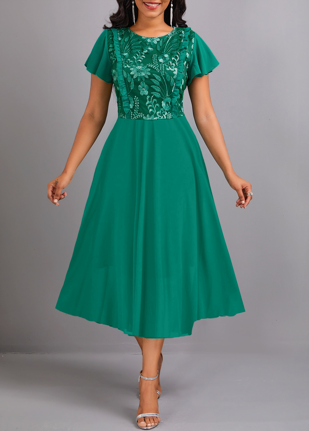 ROTITA Lace Green Round Neck Short Sleeve Dress