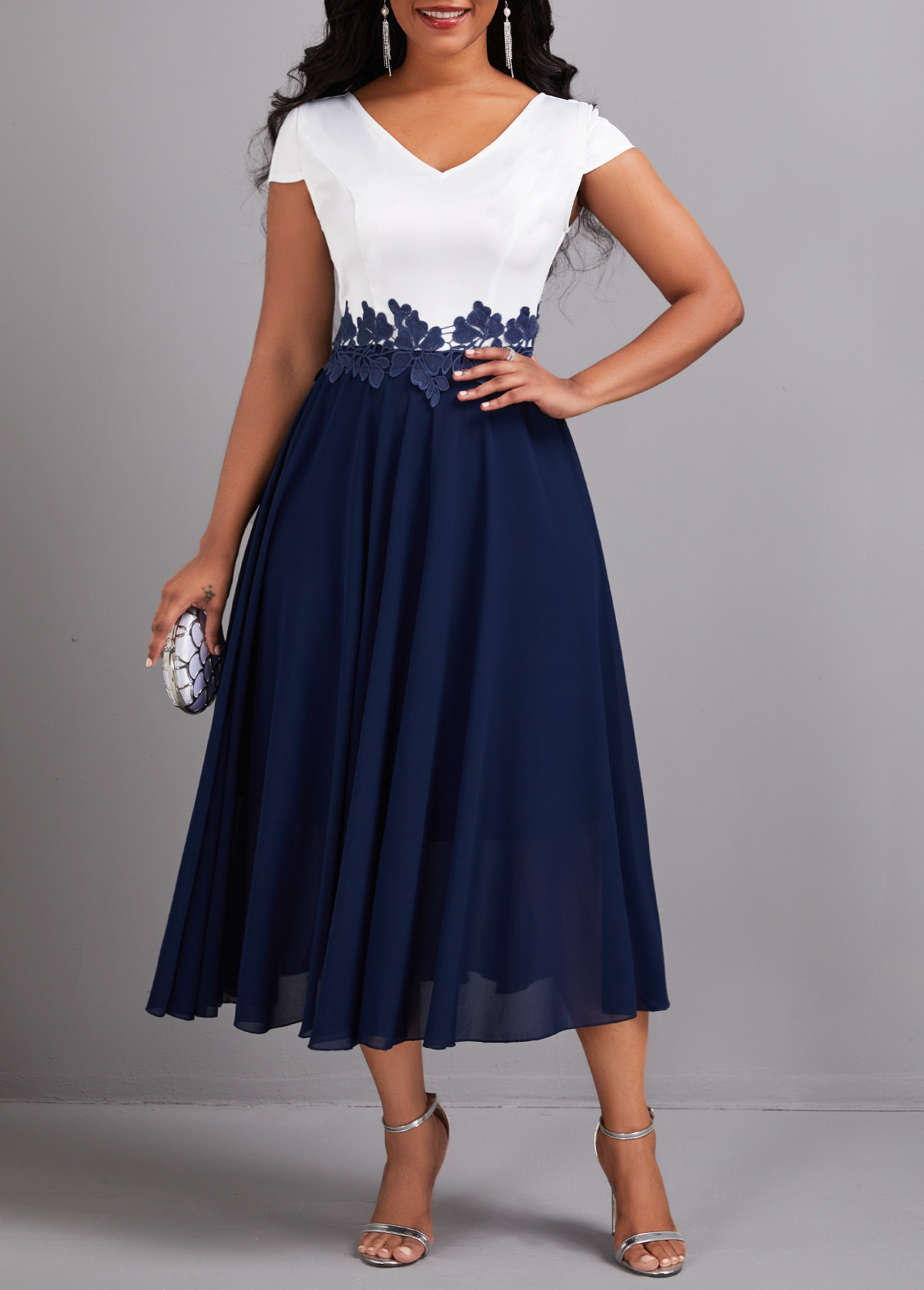 ROTITA Lace Navy V Neck Short Sleeve Dress