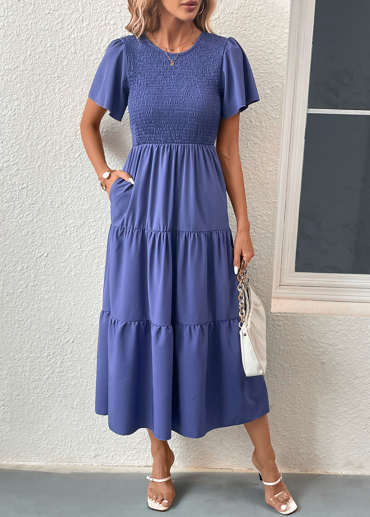 Blue dresses,Plain Color dresses,Smocked Blue Round Neck Short Sleeve Dress