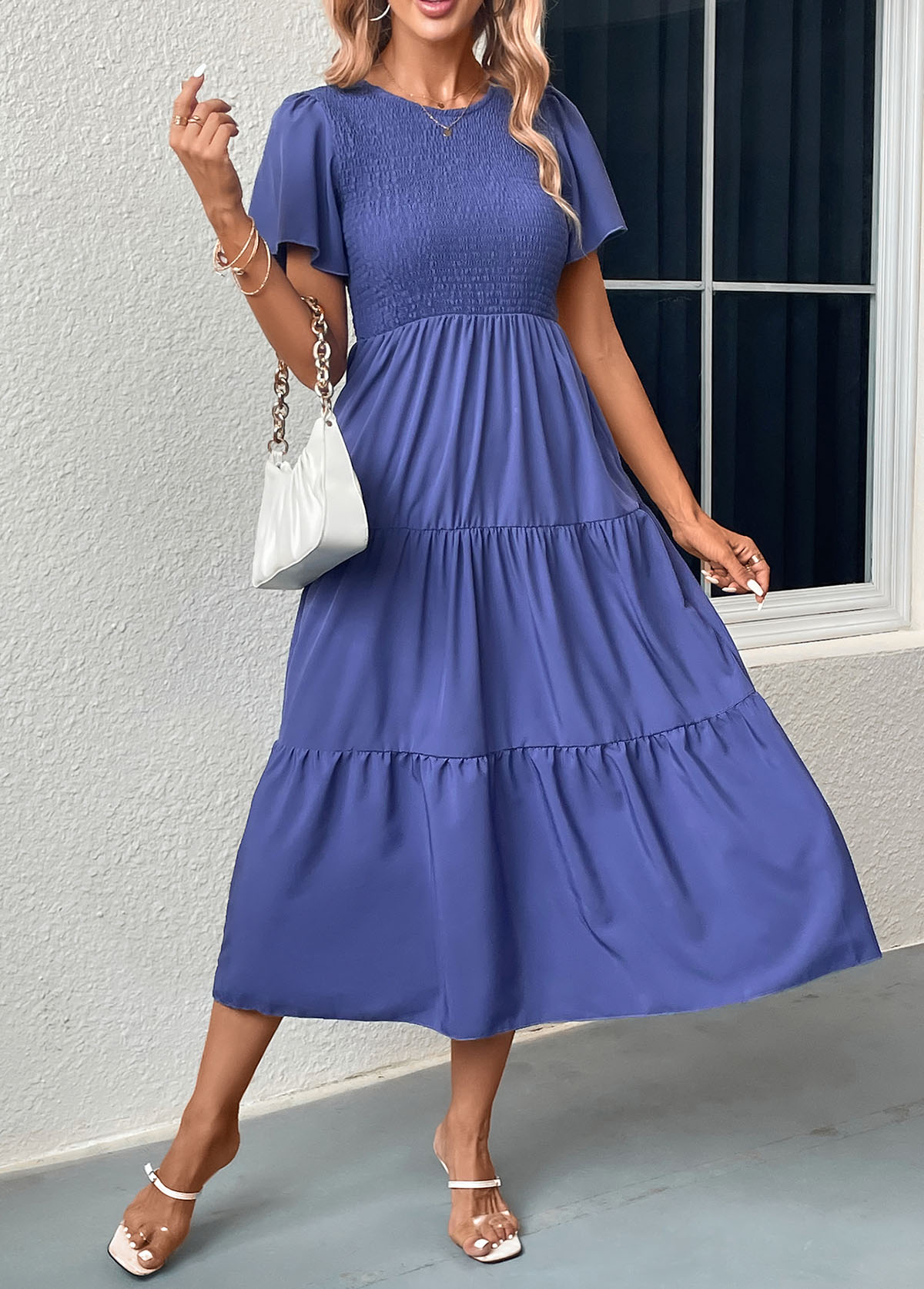 Blue dresses,Plain Color dresses,Smocked Blue Round Neck Short Sleeve Dress