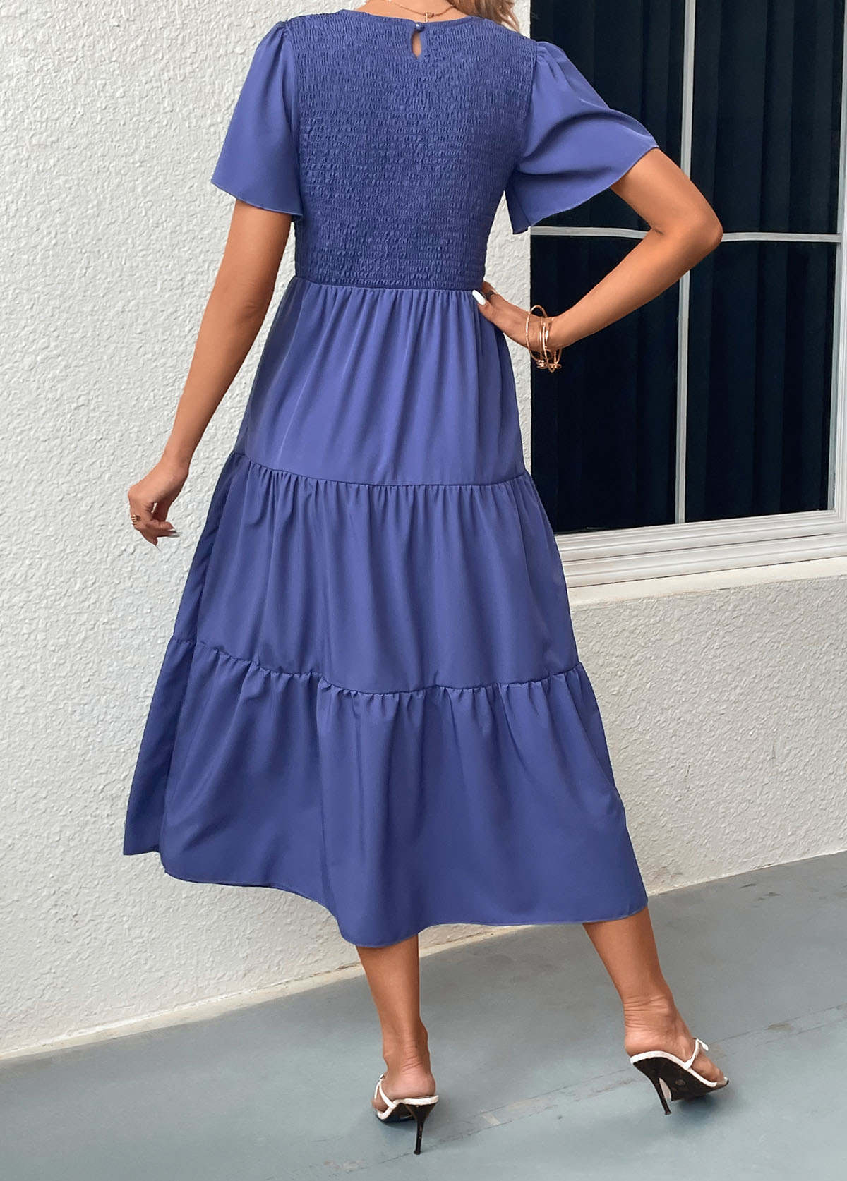 Blue dresses,Plain Color dresses,Smocked Blue Round Neck Short Sleeve Dress