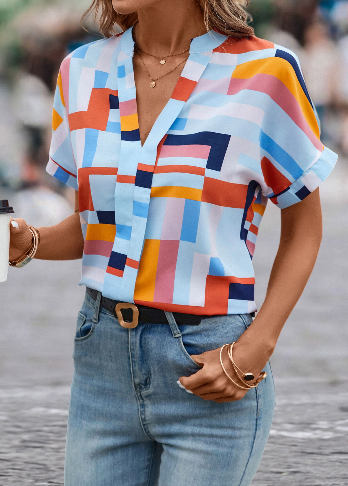 Multi Color tops,Geometric tops,Lightweight Geometric Print Multi Color Split Neck Blouse