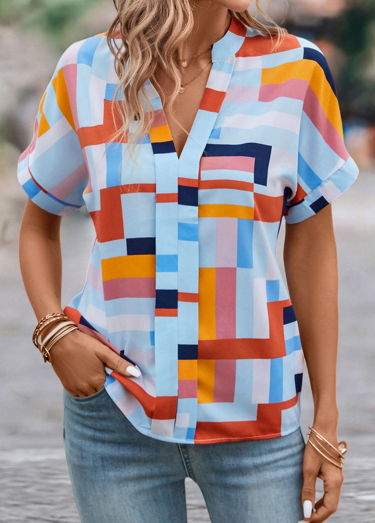 Multi Color tops,Geometric tops,Lightweight Geometric Print Multi Color Split Neck Blouse